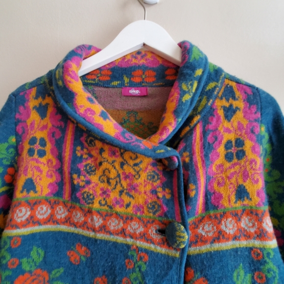 IVKO For Anthropologie Floral Pattern Cardigan Teal Sweater Made in Serbia M - Picture 7 of 10